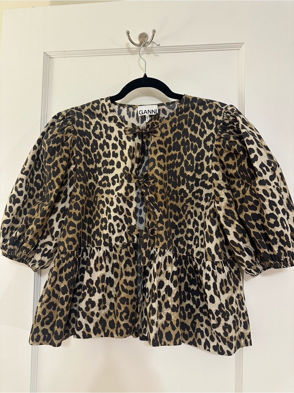 GANNI Leopard Print Puff-Sleeve Front Tie Top